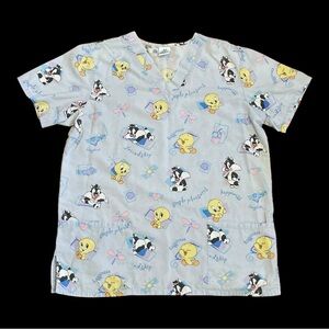 Vintage Tweety Bird Baby Looney Tunes All Over Women's Sz XL V-Neck Scrub Top